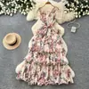 Vestido Floral Francês Estilo Princesa Doce para Mulheres, Vestido Longo de Verão com Decote V Sem Mangas de Cintura Alta em Linha A, Elegante Vestido para o Dia a Dia