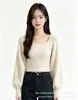 Suéter de punto nuevo estilo coreano para otoño e invierno para mujer, corte ajustado, color liso, camisa básica con elegantes mangas abullonadas y mangas largas