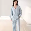 Pijama de algodão stretch com aroma de camélia para mulheres, conjunto confortável de manga longa para primavera e outono com bojos embutidos, roupa casual para casa