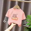 G2212# camiseta de manga comprida para meninas algodão primavera e outono infantil blusa falsa de duas peças camiseta básica para meninas listrada