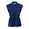 Mono corto de mezclilla azul oscuro para mujer, ajuste holgado de verano, adelgazante con cintura de cordón, cuello camisero, mono de trabajo de manga corta