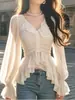 Moda Femenina Primavera/Verano 2026 Camisa Adelgazante de Manga Larga con Volantes, Top Elegante, Nueva Blusa Chic que Ceñe la Cintura