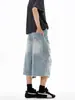 Shorts Jeans Retrô Americano Lavado Desgastado Rasgado para Homens e Mulheres Verão Moderno Solto Pernas Largas Casual Calças Cropped Modernas