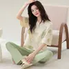 Nuevos Pijamas de Modal para Mujer, Verano Manga Corta Pantalón Largo, Cuello Redondo, Conjunto de Ropa para el Hogar Tallas Grandes, Se Pueden Usar Afuera en Verano