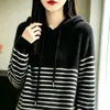 Suéter de Punto Rayado a Contraste Serie Cepillada, Holgado, Moderno, Adelgazante, Manga Larga, Sudadera con Capucha, Suéter Grueso para Mujer