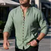 2026 Primavera/Otoño Transfronterizo Lino Americano Resort Casual Exterior Camisa Henley para Hombre Manga Larga con Múltiples Botones Cuello Alto Corte Holgado