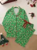 Conjunto de Pijama Navideño de Manga Larga para Mujer Estampado de Papá Noel Cardigan con Solapa Ropa de Casa Pijamas Europeos y Americanos