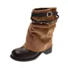 Botas Cortas de Tacón Grueso con Punta Redonda para Mujer 2026 Otoño Nuevas Botas de Mezclilla Plisadas con Remaches y Hebilla de Cinturón Botines de Verano para Mujer
