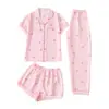 Conjunto de Pijama Casual de Tres Piezas para Mujer Transfronterizo, Dibujos Animados Lindos de Manga Corta, Pantalones Largos y Shorts, Conjunto de Doble Uso para el Hogar y el Exterior