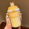 Vaso de Vidrio de Alta Apariencia para Niñas, Lindo Vaso con Popote 3D, Gran Capacidad, Botella de Agua Portátil Cruzada para Niños y Estudiantes