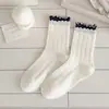 Calcetines de media pantorrilla para mujer, primavera y otoño, con volantes y puños de canalé doble, estilo preppy, dulce japonés, calcetines de algodón holgados, transpirables, versátiles