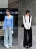 Pantalones de Pierna Ancha con Cordón de Tejido de Aire Baishiwang para Mujer Otoño Cintura Alta Caída Sueltos Adelgazantes de Longitud Completa Casual Largos