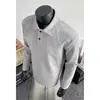 Camisa Polo Masculina Manga Longa Ombro Direito Cinza Branco Suéter Curto Boxy Outono Inicial Camisa de Camada Interna Gola Lapela de Alta Qualidade