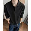 Camiseta de manga larga para hombre con cuello polo Henry, corte holgado, cuello de hombro texturizado, estilo americano moderno para otoño
