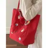 Bolso de Lona Nuevo Bordado de Perrito Cereza, Bolso de Hombro Rayado Doble Cara Simple y Versátil, Bolso Tote de Moda de Nicho para Mujeres