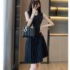 Vestido de Punto sin Mangas de Verano de Estilo Tweed de Gama Alta con Cuello Redondo Falda de Rayas Verticales con Falda Básica para Primavera y Otoño