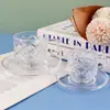 Juego de Taza de Café con Platillo Estilo Americano Cuadros Vintage para Cafeterías Caseras, Té de la Tarde, Té de Flores, Juego de Tazas con Asa de Vidrio con Platillos