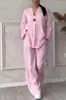 Sitio Web Independiente Transfronterizo Europeo y Americano Experto en Moda Verano 2026 Cuello en V Manga Larga Pantalón Largo Multicolor Algodón y Lino Conjunto para Mujer