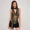 Camiseta Base de Malla Estilo Chica Picante Estilo Americano para Mujer, Camiseta de Verano sin Mangas con Cuello Halter, Top Holgado de Gasa Estampado con Volantes, Top sin Mangas
