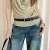 Cinturón Negro Estilo Vintage de Alta Gama con Bordes Cosidos, Hebilla Metálica y Acentos Decorativos para Mujer, Adecuado para Combinar con Jeans