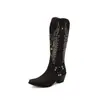 Botas Masculinas e Femininas Versáteis com Salto Grosso Outono e Inverno 2026 Botas de Cavaleiro Bordadas Botas Martin Vintage de Cano Médio com Bico Fino Botas de Tamanho Grande