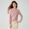Suéter de Tricô 100% Caxemira para Mulheres, Estilo Novo Outono/Inverno 2026, Gola Alta Meia, Barra Enrolada, Cor Sólida