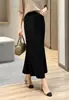 Saia Longa Elegante e Minimalista Sem Cintura [Cintura Elástica] Saia Longa Emagrecedora e Estilosa para o Trabalho, Meia Saia Ligeiramente Elástica