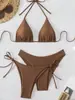 Bikini de Baño Popular de Moda Multicolor Sexy Push-Up con Cuello Halter y Atado de Color Sólido Europeo y Americano Más Vendido Transfronterizo Set de Tres Piezas