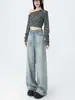 Calça Jeans Reta Wide Leg Tie-Dye Azul Vintage Nova Coleção Primavera/Outono 2026 Cintura Alta Solta Wide Leg Drapeada Comprimento Total