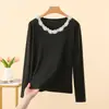 Nuevo Top Básico de Encaje Patchwork de Manga Larga para Mujer Otoño/Invierno 2026, Top Interior de Cuello Redondo, Engrosado Cepillado para Calidez, Ropa de Otoño
