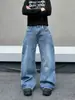 High Street París Hebilla Textura de Bambú Remaches Perlas Hot Fix Cimitarra Jeans de Mezclilla Unisex Versátil Holgado Pierna Ancha Casual Pantalones Largos