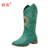 Botas de Caballero Altas Bordadas con Girasol Vintage para Mujer, Estilo Europeo y Americano, Punta Redonda, Tacón Grueso, Botas Largas