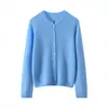 Novo suéter de tricô de cashmere feminino com gola redonda e botões, cardigã de abotoamento simples, top versátil de manga longa, feito com seda de amoreira