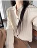 Cardigan de Tricô com Gola Polo Feminino Outono e Inverno Novo Cor Lisa Listras Caneladas Efeito Emagrecedor Suéter de Manga Longa Jaqueta de Lã Feminina