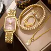 Conjunto Popular de Relojes para Mujer Transfronterizo de Comercio Exterior, Conjunto de Cinco Piezas con Reloj para Mujer Incrustado de Diamantes, Reloj de Cuarzo Cuadrado de Moda para Dama