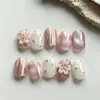 Set personalizado de 30 piezas de arte de uñas vestibles con patrones florales 3D, brillos, efecto ojo de gato, forma cuadrada-redonda corta, uñas postizas vestibles