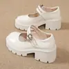 2026 Novos Sapatos de Couro Finos de Salto Alto para Primavera e Outono, Estilo Francês, Solado Grosso, Bico Quadrado, Uma Fivela, Estilo Britânico, Versáteis