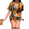 Conjunto de pijama de verano fino, holgado e informal de manga corta con pantalones cortos de seda helada para mujer, bonito conjunto de dibujos animados con cuello en V, ropa fresca para el hogar
