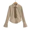 Novedad de Otoño Estilo Americano Textura Rayada Camisa de Manga Larga para Mujer Universitaria Chica Picante Corte Ajustado Cuello de Solapa Temperamento Top
