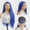 Perucas da Moda para Comércio Exterior, Estilo Europeu e Americano, Franja Azul Bonita, Cabelo Longo Liso de Três Pontas, Front Lace Meio Feito à Mão, Fibra Sintética, Venda por Atacado do Fabricante