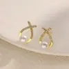 Brincos Geométricos de Flor de Pérola Incrustados com Diamantes, Brincos Modernos de Alto Nível em Estilo Palaciano de Luxo Leve Retrô Francês