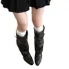 Botas longas pretas de 5cm de altura, estilo outono novo, com design empilhado, fivela de cinto, salto grosso e abertura larga na perna.