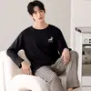 Conjunto de Pijama Masculino 100kg de Algodão 100%, Adequado para Primavera e Outono, Conjunto de Pijama de Gola Redonda com Listras