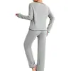 Conjunto de pijama de canalé de manga larga estilo francés para mujer, colección primavera y otoño, cuello en V con lazo y ribete de volantes, corte holgado, adecuado para usar como ropa de estar o como prenda exterior