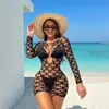 SHEIN Vestido Negro de Punto Hueco Manga Larga Protector Solar para Playa Ropa de Abrigo Cubre Traje de Playa Fábrica Transfronteriza En Stock