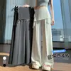 Pantalones de pierna ancha con empalme de encaje de dos piezas falsos para mujer, de verano, cintura alta, adelgazantes, de seda helada, casuales, de pierna recta