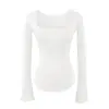 Camiseta Cuadrada Elegante y Madura de Manga Larga para Mujer, Nueva Colección Primavera/Verano, Top que Ceñe la Cintura, Corte Ajustado, Favorecedor, Camisa Base de Manga Acampanada