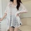 Estilo coreano V-neck Hollow-out Knitted Sweater Mulheres Summer Fishing Net Ice Silk Sunscreen Blusa manga curta solta Loose Loose Top