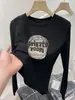 Nova camiseta de outono para mulheres, gola redonda canelada de manga longa, 100% algodão puro, moderna, versátil, rejuvenescedora, preta, modeladora, estilo casual
