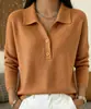 Suéter de Punto para Mujer Otoño 2026 Estilo Nuevo, Cuello Polo, Corte Holgado, Color Sólido, Cuello Solapa de Dos Botones, Versátil para el Trabajo, Manga Larga